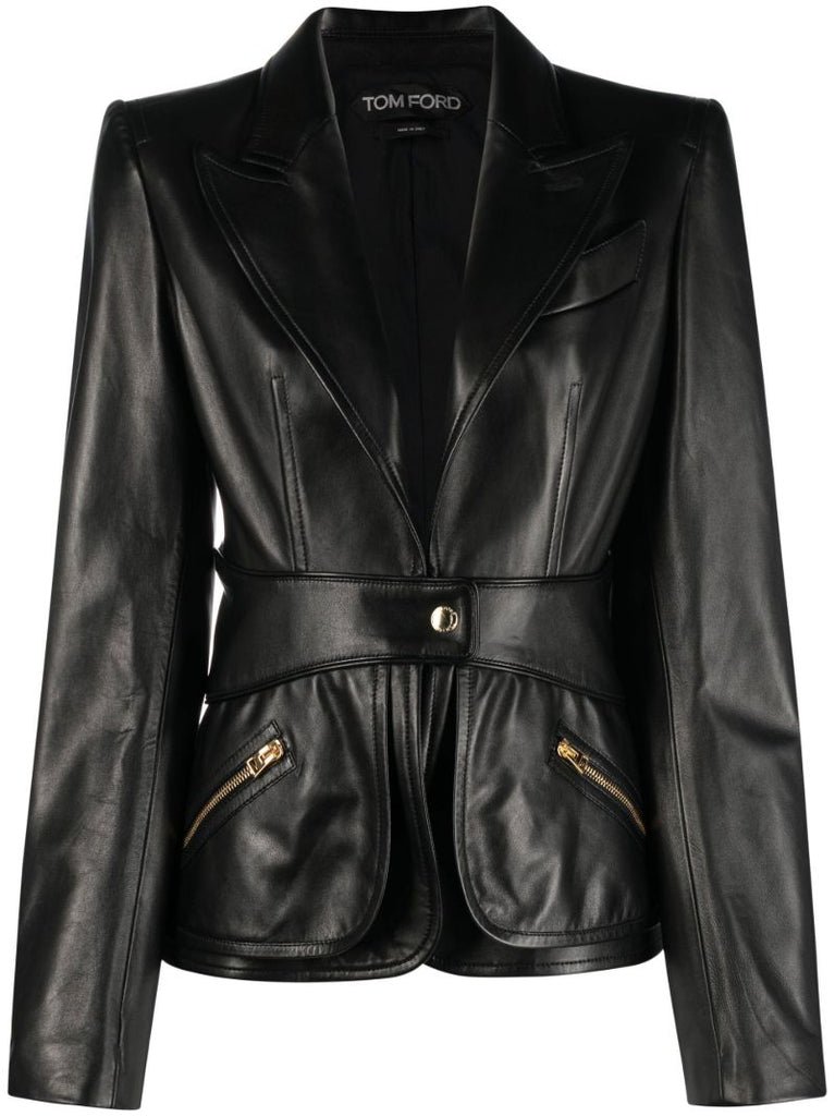 Black Peak Lapel Leather Blazer