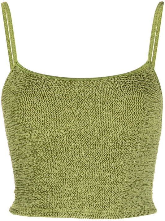 Green Crinkled-finish Sleeveless Crop Top