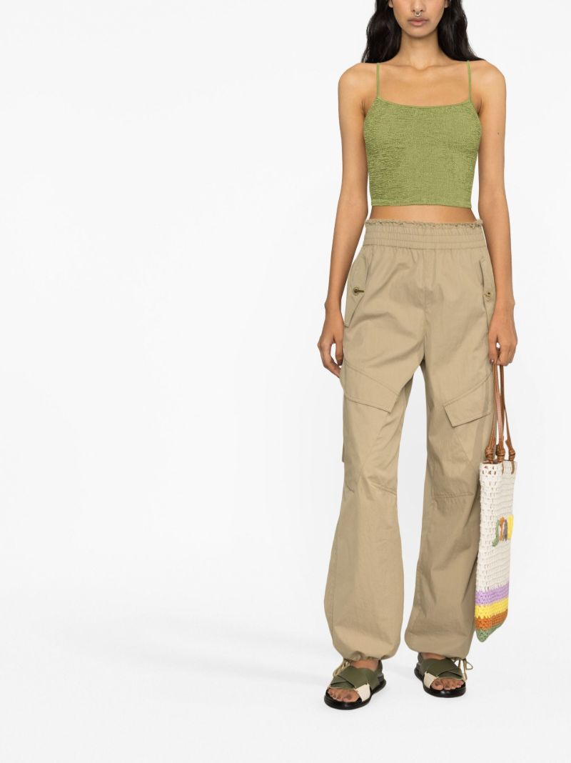 Green Crinkled-finish Sleeveless Crop Top