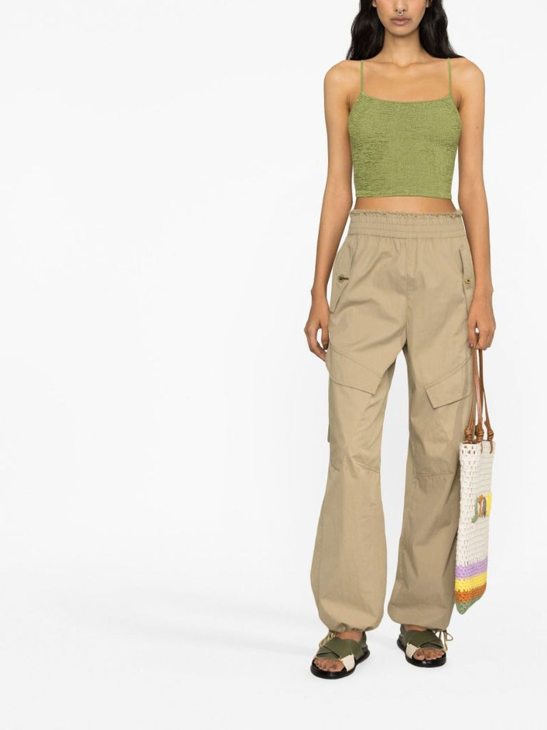 Green Crinkled-finish Sleeveless Crop Top