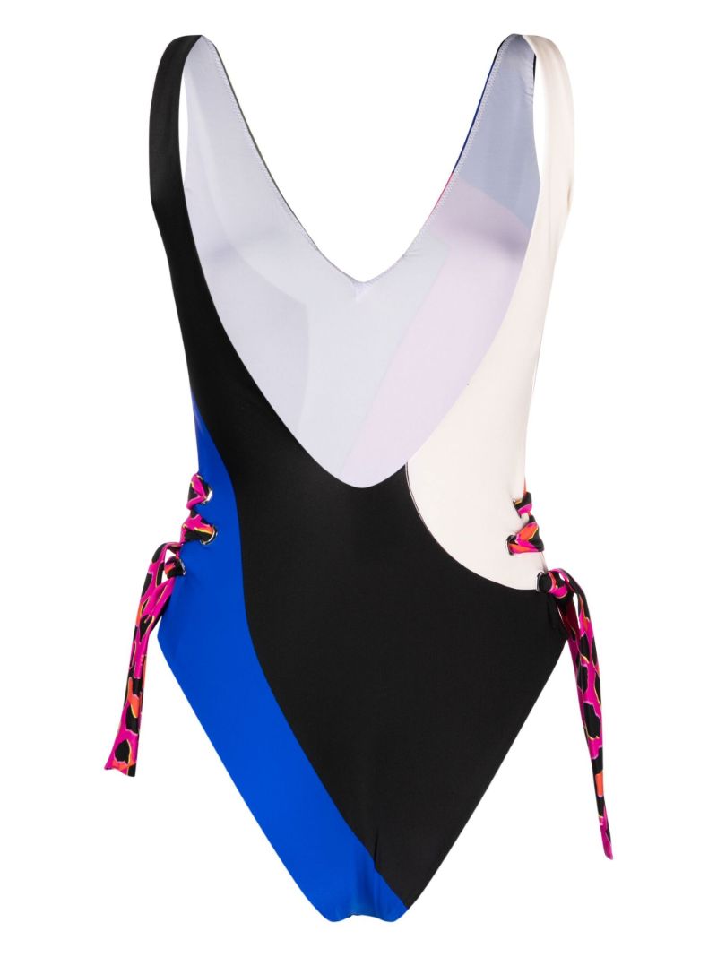 Blue Abstract Print Lace-up Swimsuit
