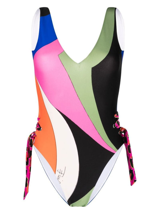 Blue Abstract Print Lace-up Swimsuit