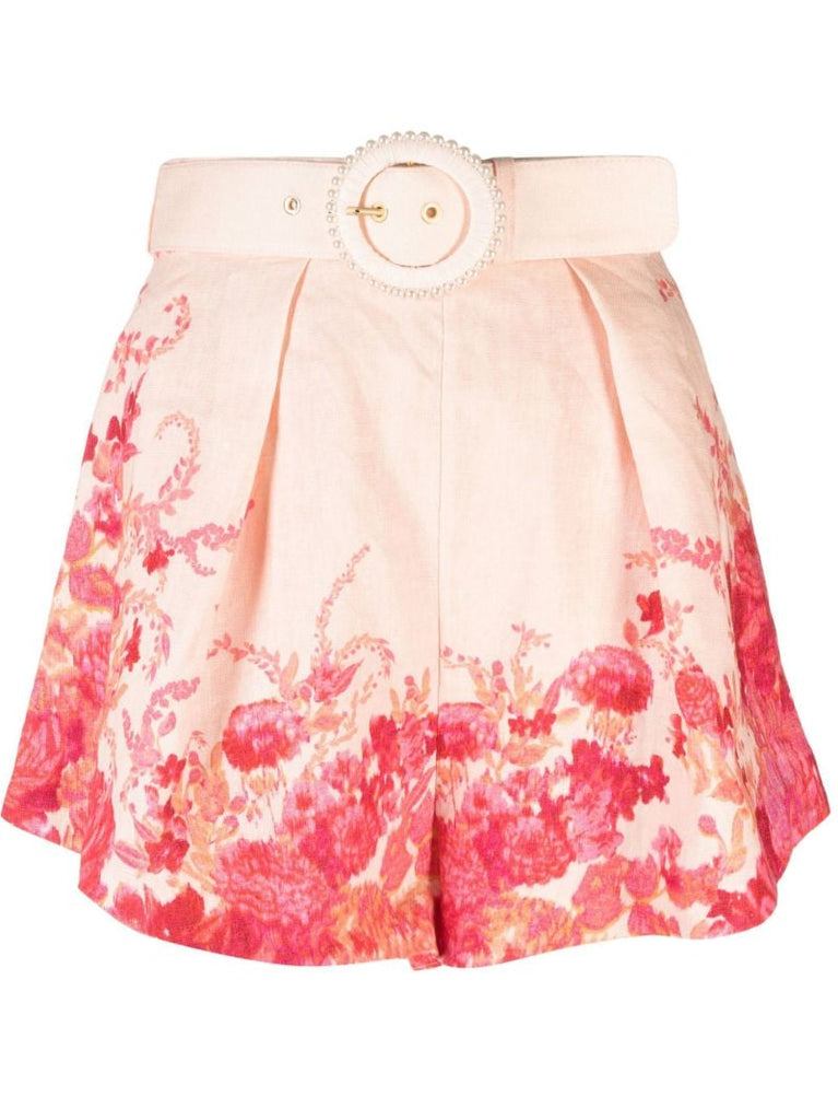 Pink High Tide Tuck Belted Linen Shorts