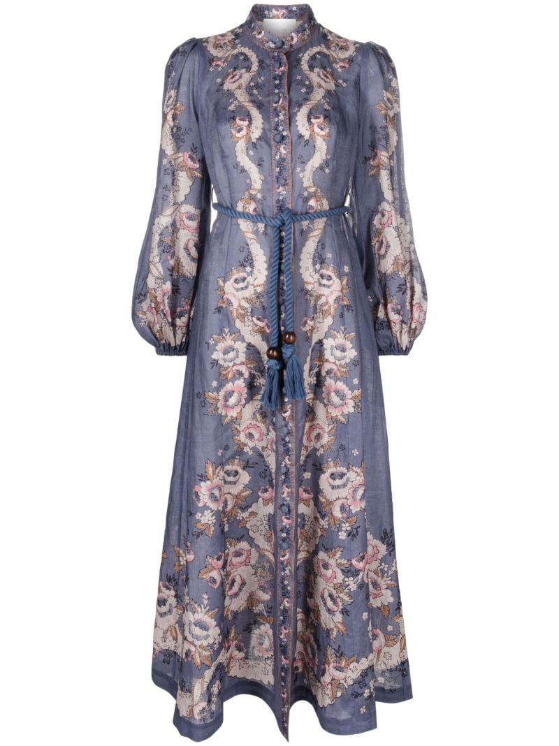 Blue Vitali Belted Linen Maxi Dress