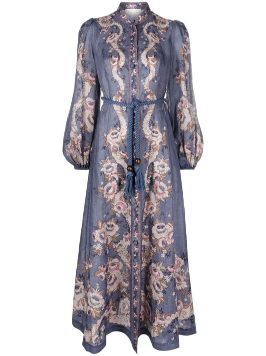 Blue Vitali Belted Linen Maxi Dress
