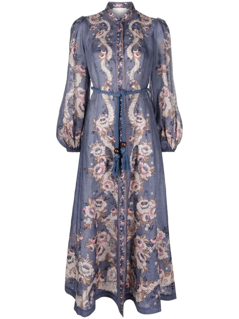 Blue Vitali Belted Linen Maxi Dress