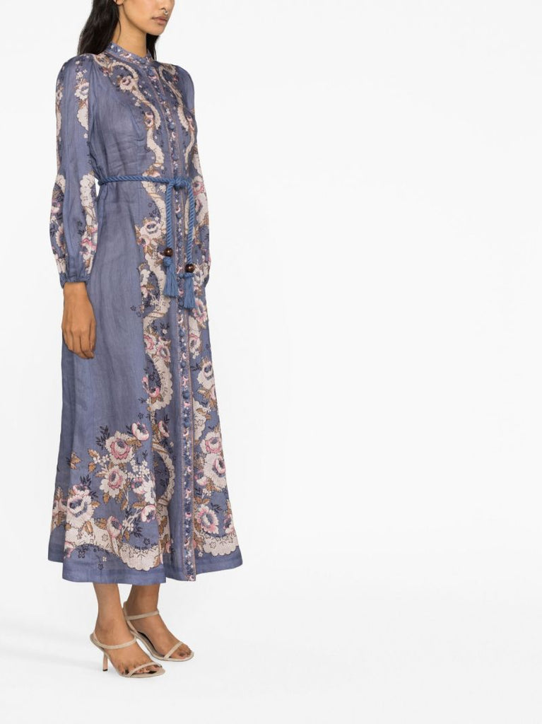 Blue Vitali Belted Linen Maxi Dress