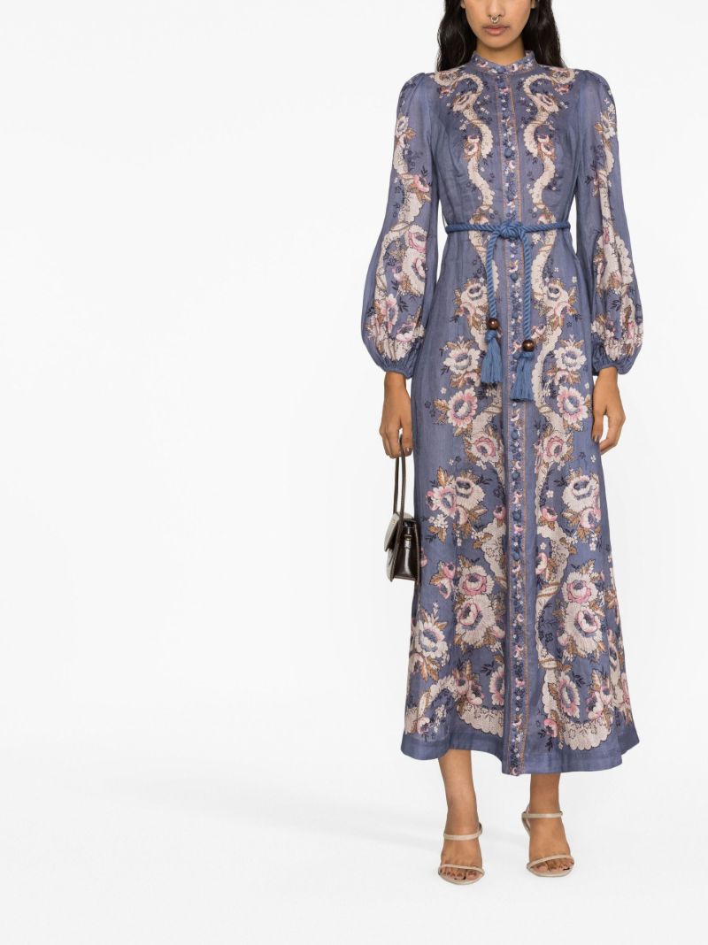 Blue Vitali Belted Linen Maxi Dress