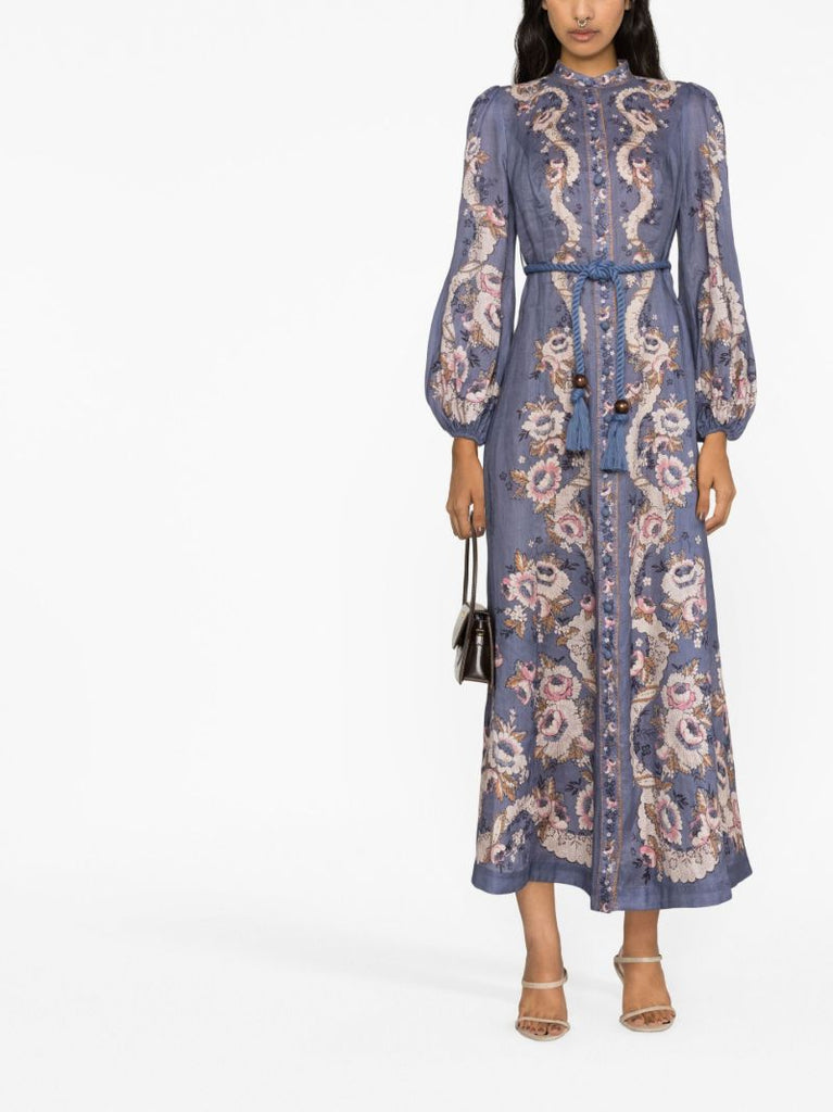 Blue Vitali Belted Linen Maxi Dress