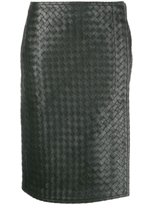 Green Intrecciato Wrap Leather Skirt