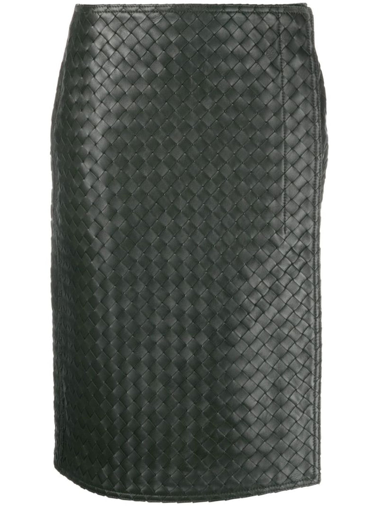 Green Intrecciato Wrap Leather Skirt