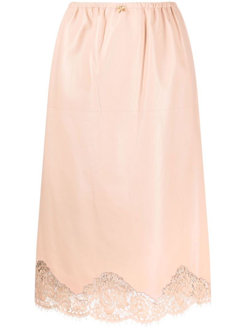 Neutral Lace Trim Leather Midi Skirt