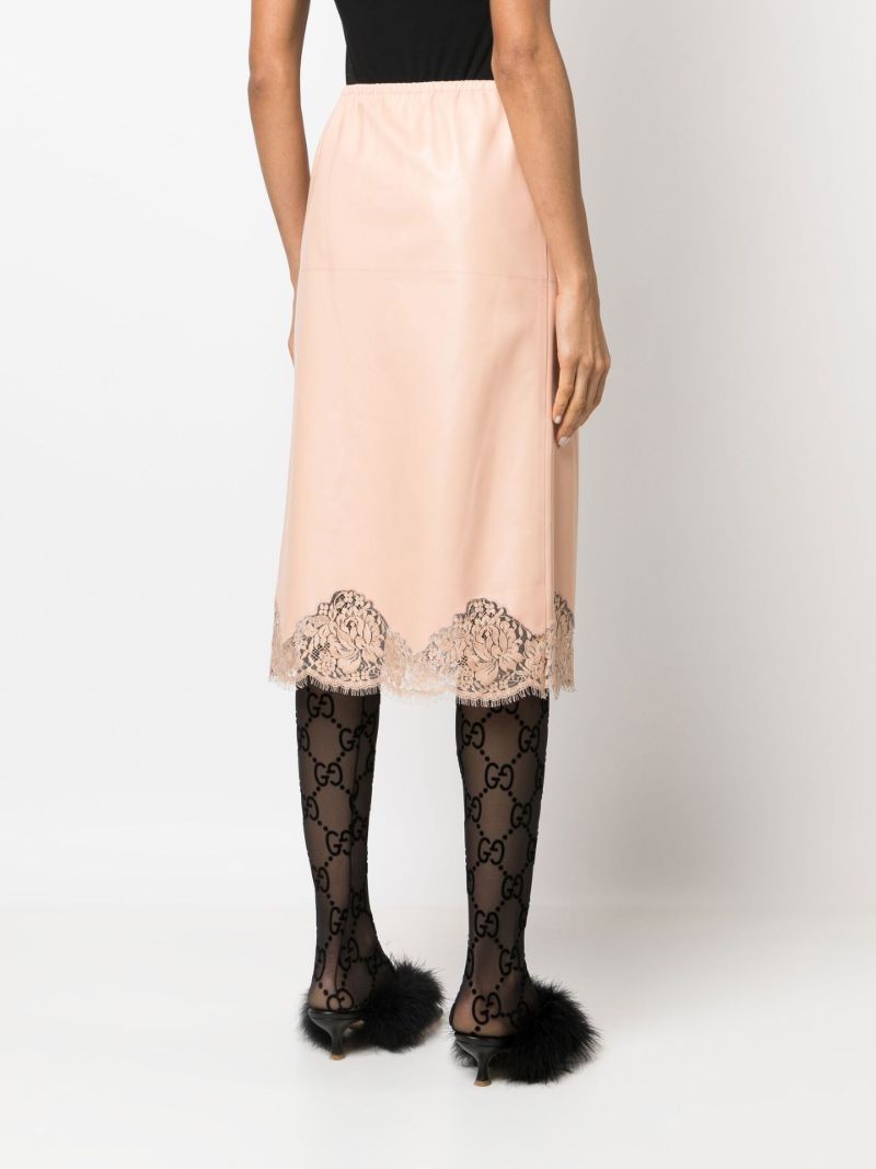 Neutral Lace Trim Leather Midi Skirt