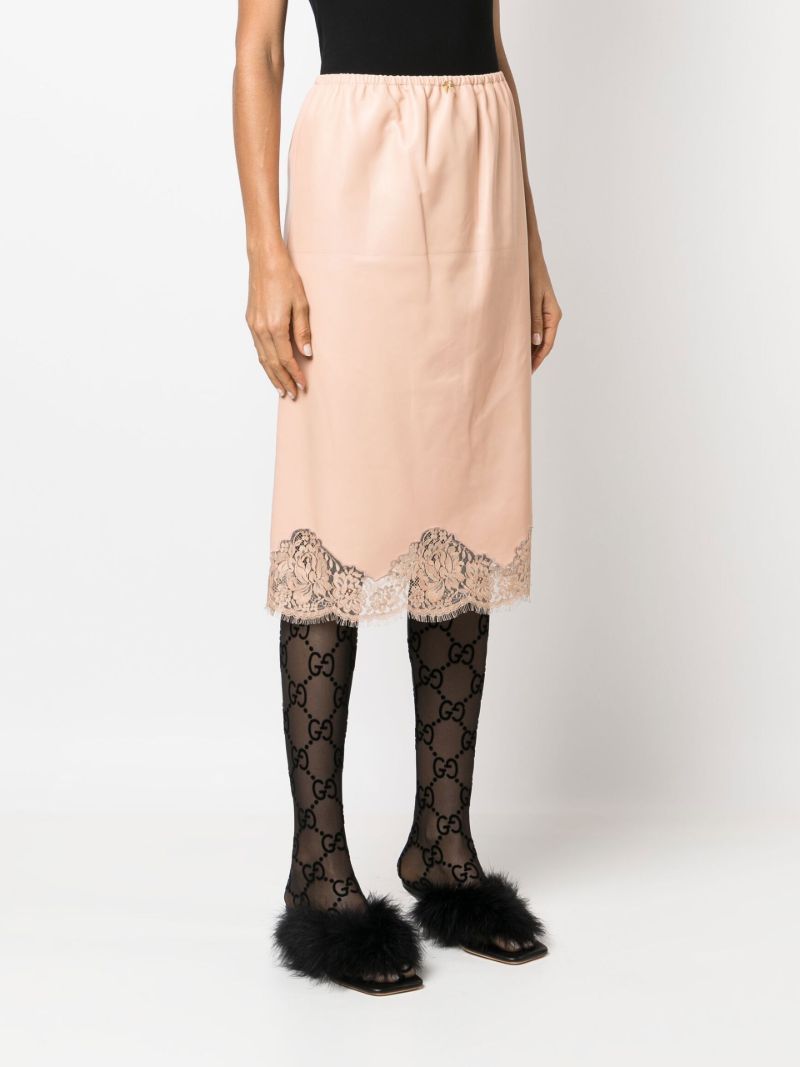 Neutral Lace Trim Leather Midi Skirt