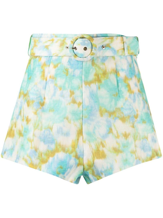 Green Abstract Floral Print Cotton Shorts