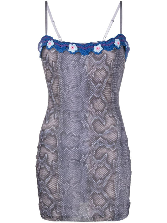 Blue Snakeskin Print Floral Detail Dress