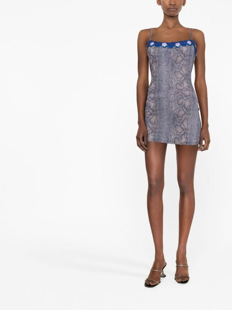 Blue Snakeskin Print Floral Detail Dress