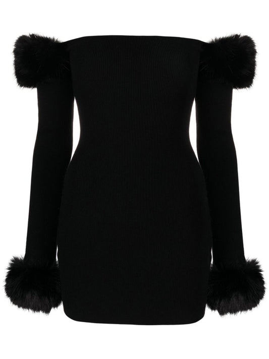 Black Faux Fur Off-the-shoulder Knitted Mini Dress