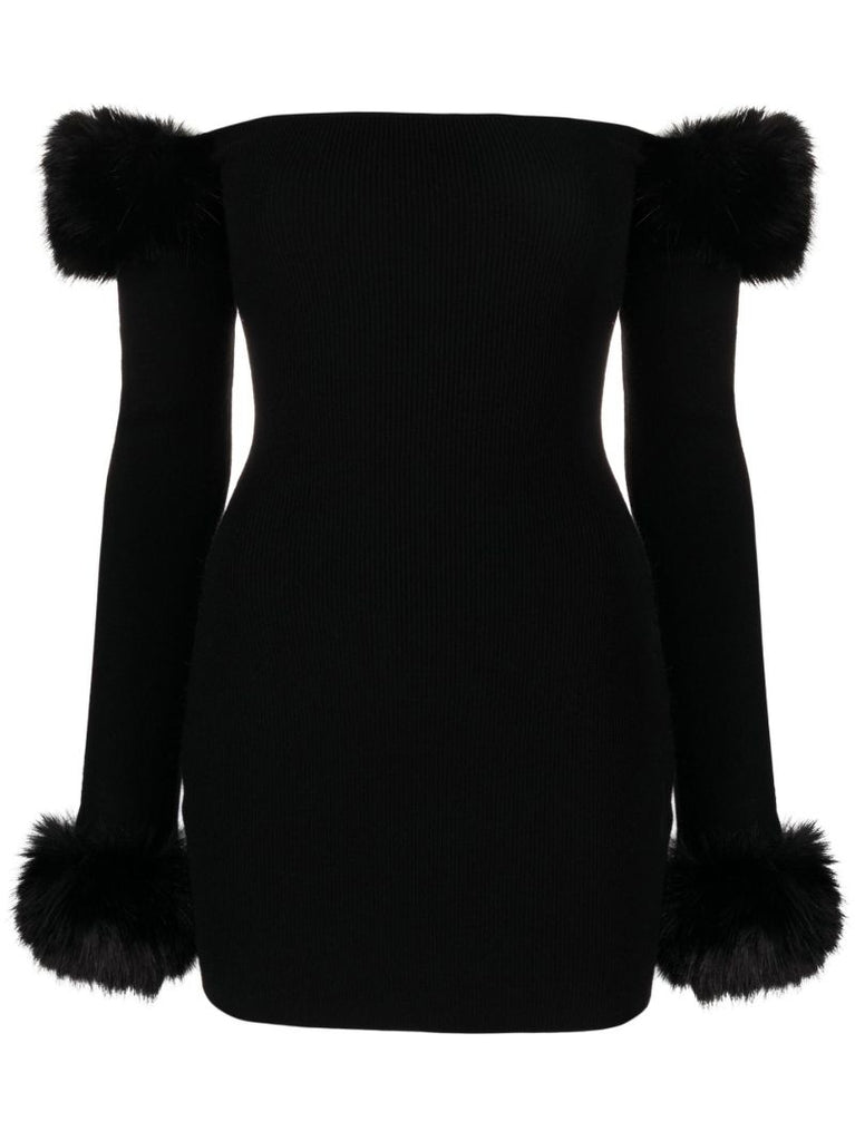 Black Faux Fur Off-the-shoulder Knitted Mini Dress