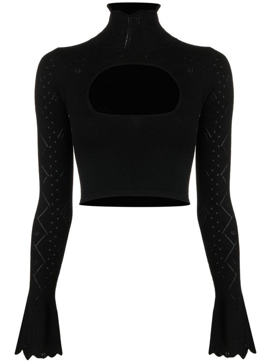 Black Pointelle Knit Cropped Top