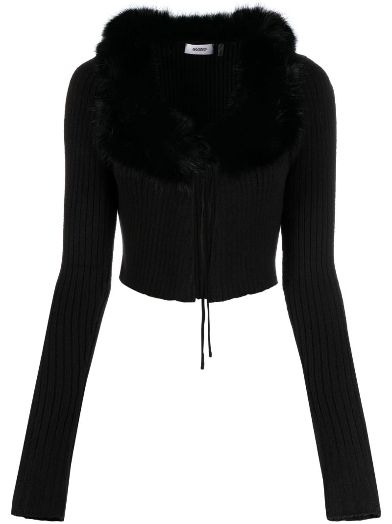 Black Faux Fur Trim Cropped Cardigan