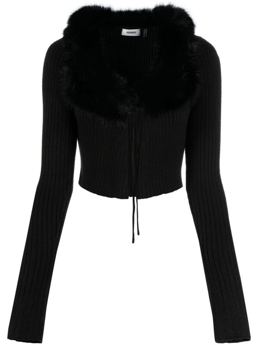 Black Faux Fur Trim Cropped Cardigan