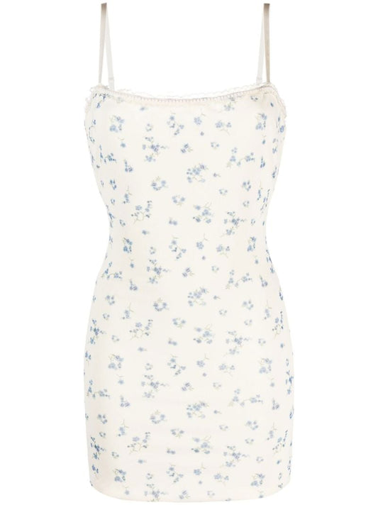 White Floral Print Stretch Mini Dress
