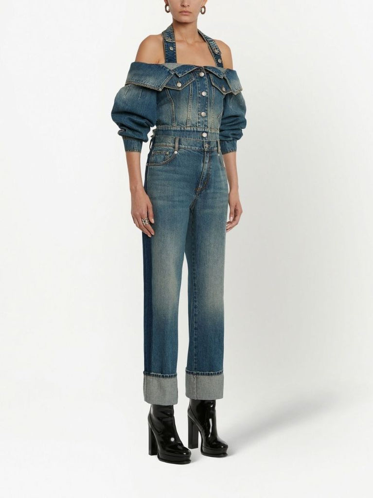 Blue Off-the-shoulder Cropped Denim Jacket