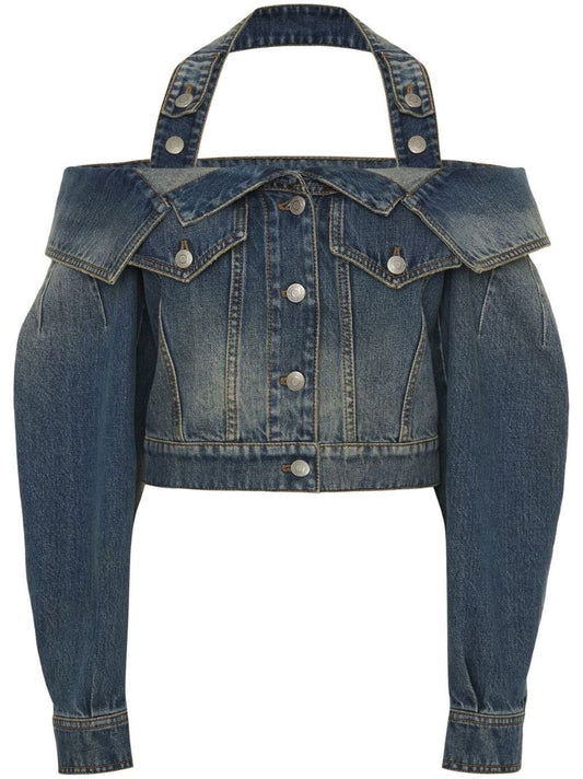 Blue Off-the-shoulder Cropped Denim Jacket
