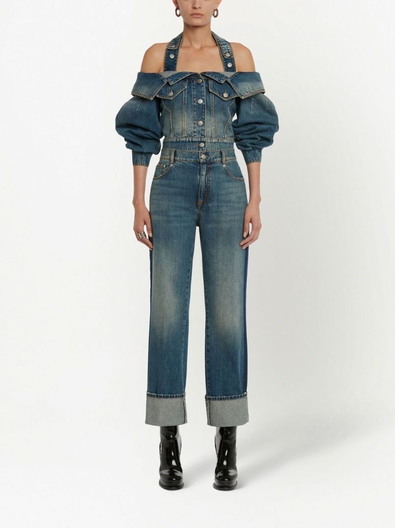 Blue Off-the-shoulder Cropped Denim Jacket