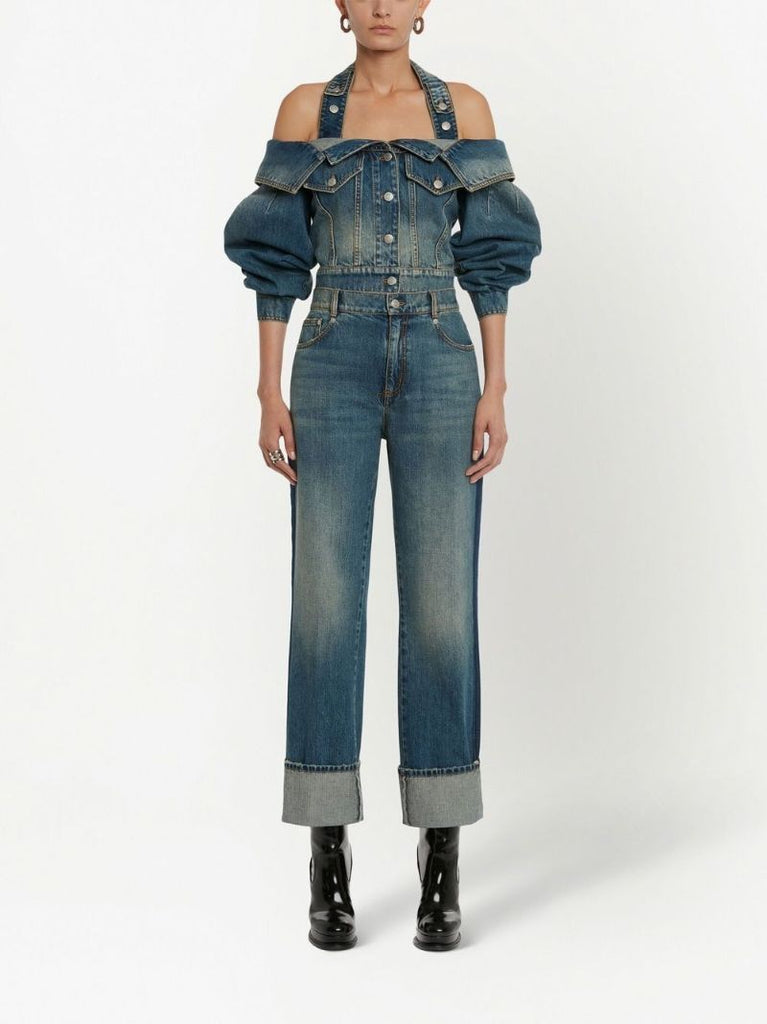 Blue Off-the-shoulder Cropped Denim Jacket