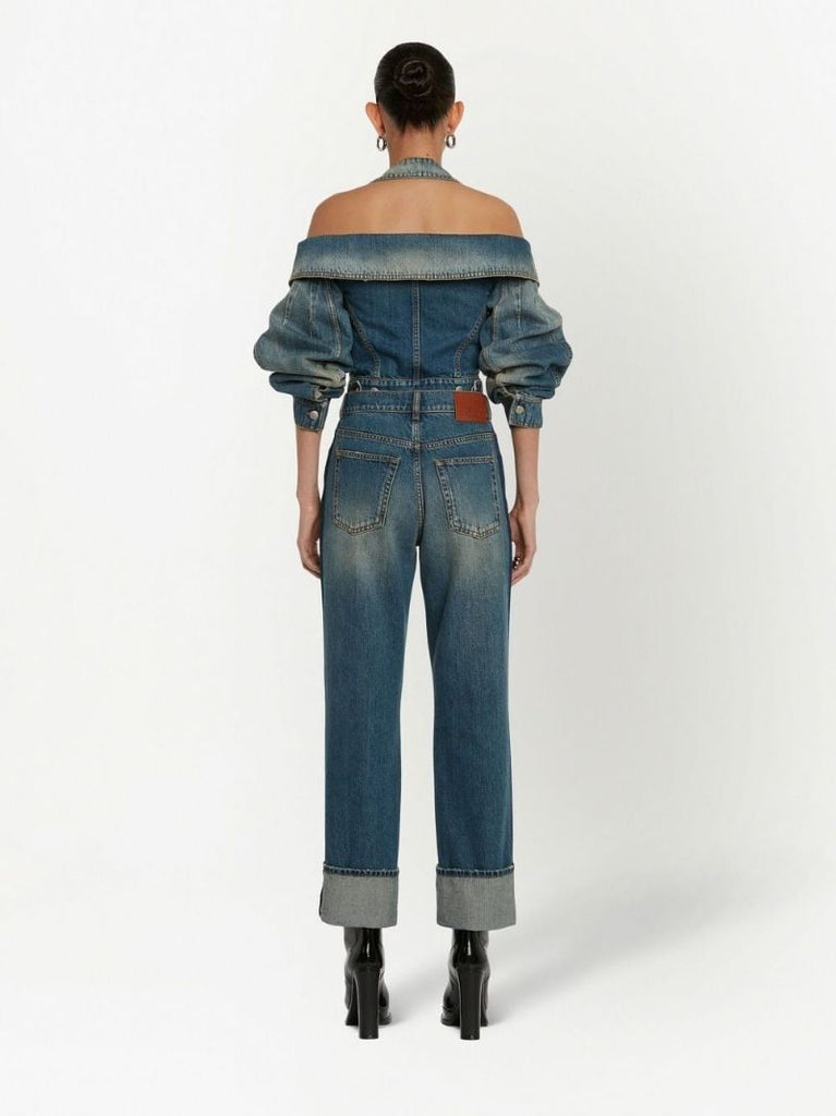 Blue Off-the-shoulder Cropped Denim Jacket