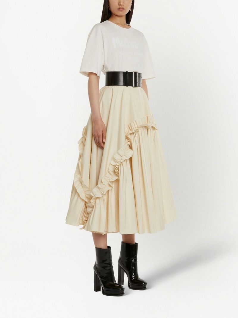 Cream Ruffled Flare Midi Skirt