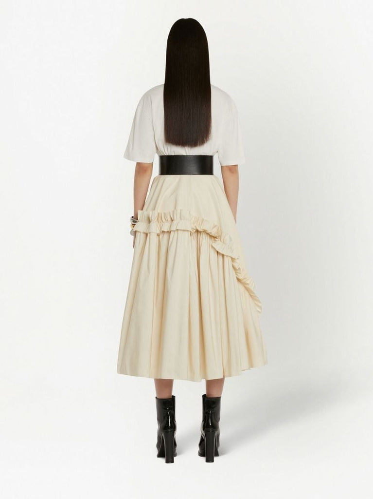 Cream Ruffled Flare Midi Skirt