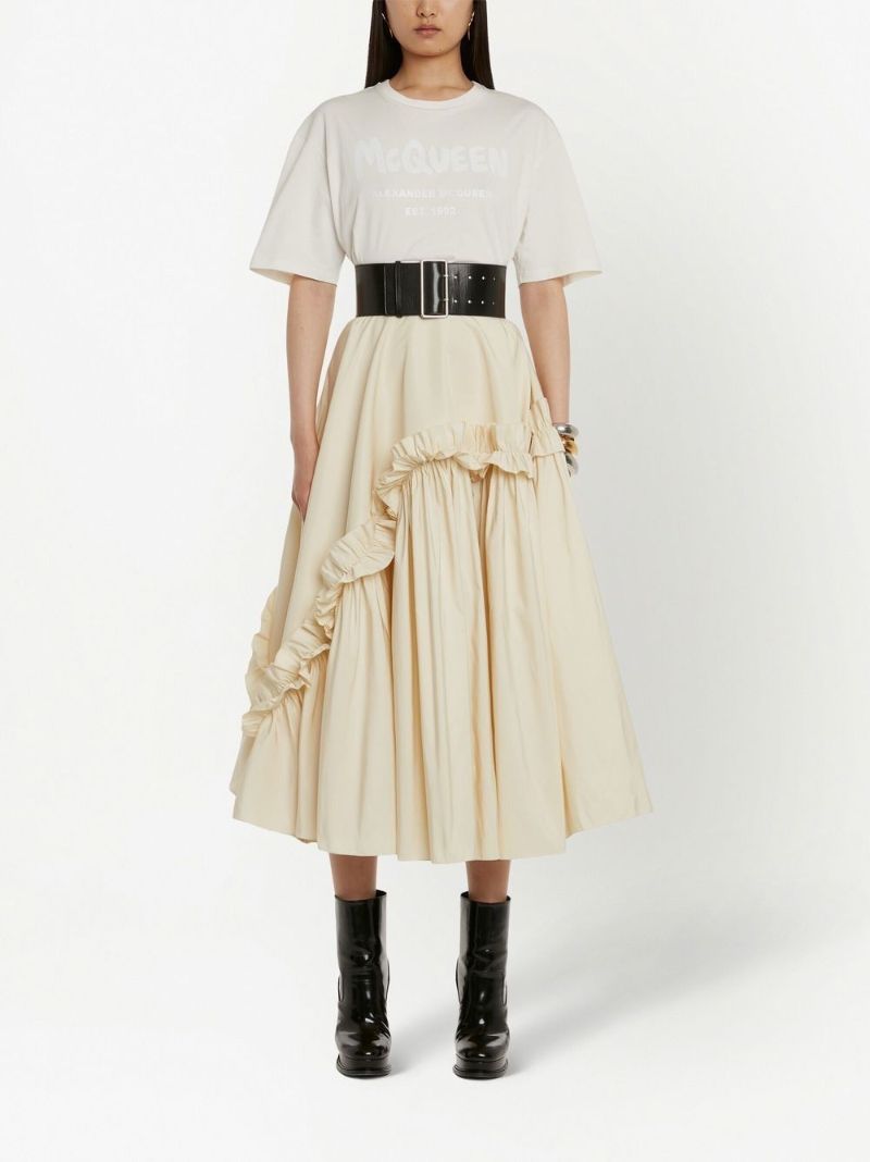 Cream Ruffled Flare Midi Skirt