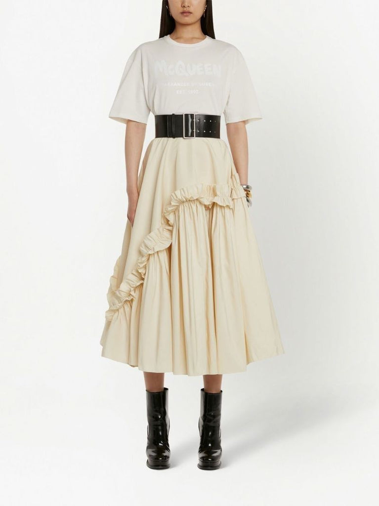 Cream Ruffled Flare Midi Skirt