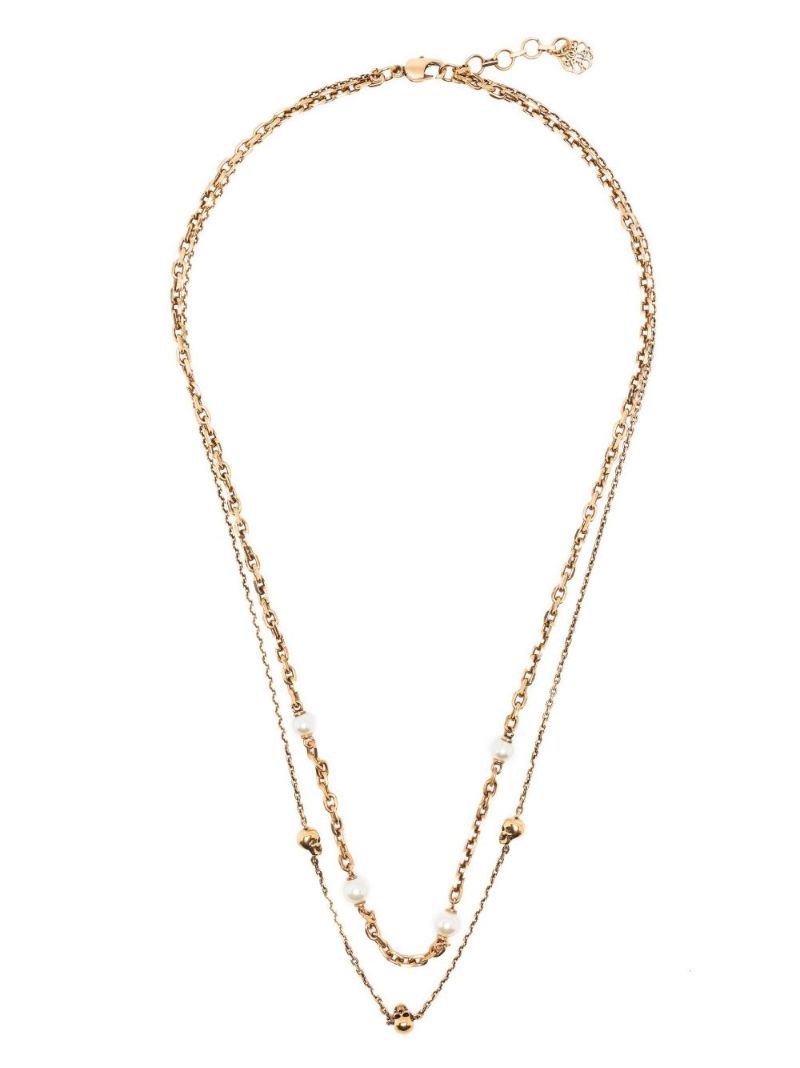 Gold Tone Skull Double Chain Necklace