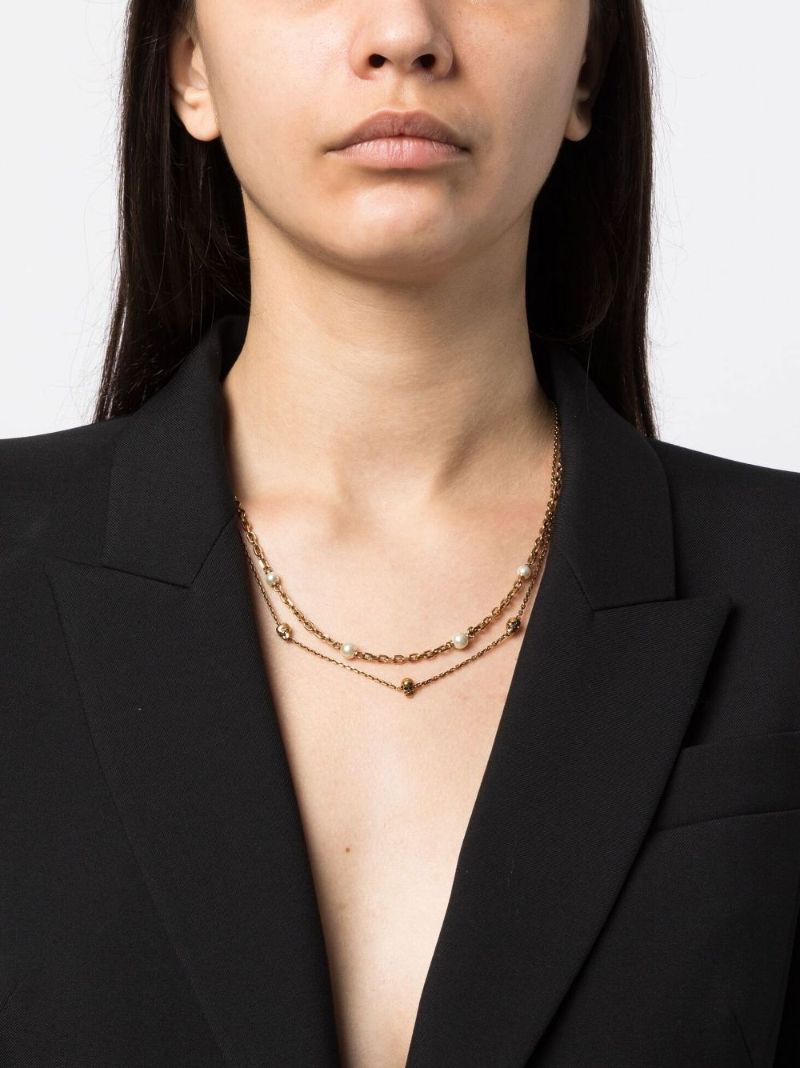 Gold Tone Skull Double Chain Necklace