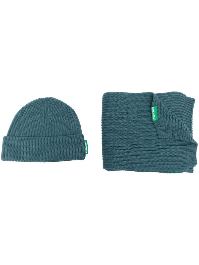 Blue Ribbed Hat and Scarf Set