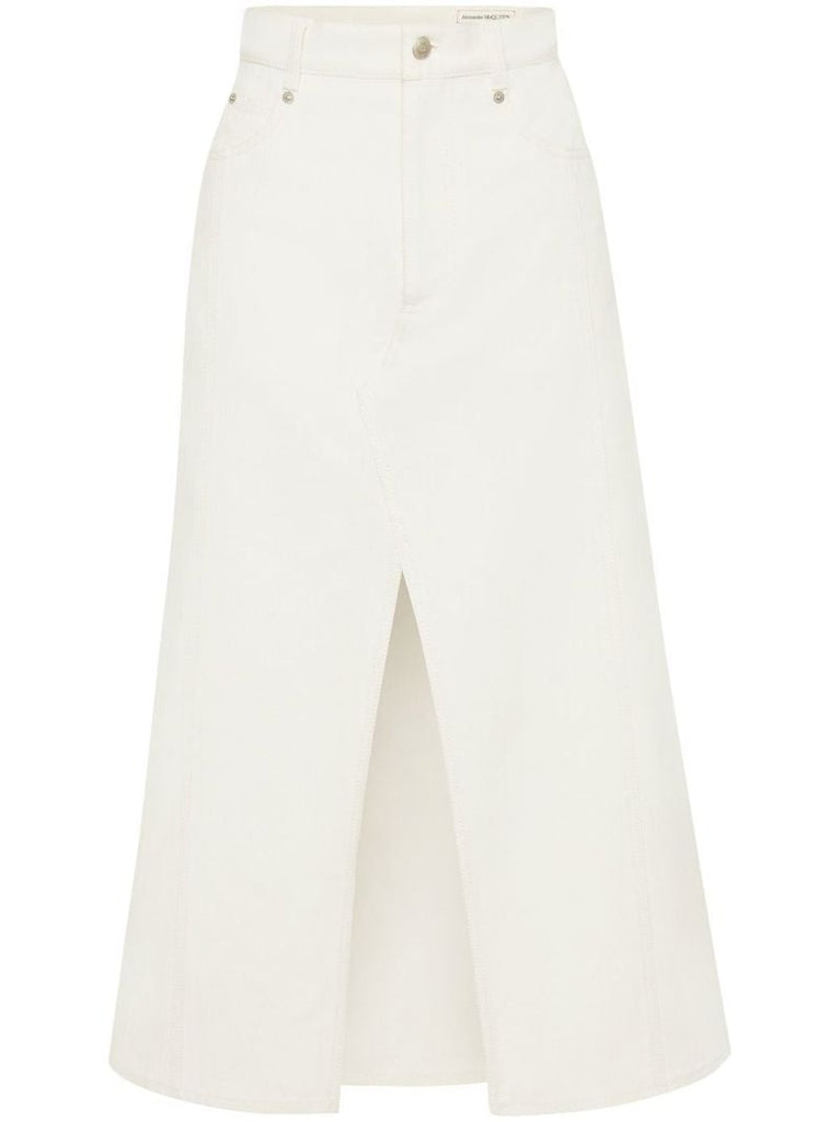 White A-line Denim Midi Skirt