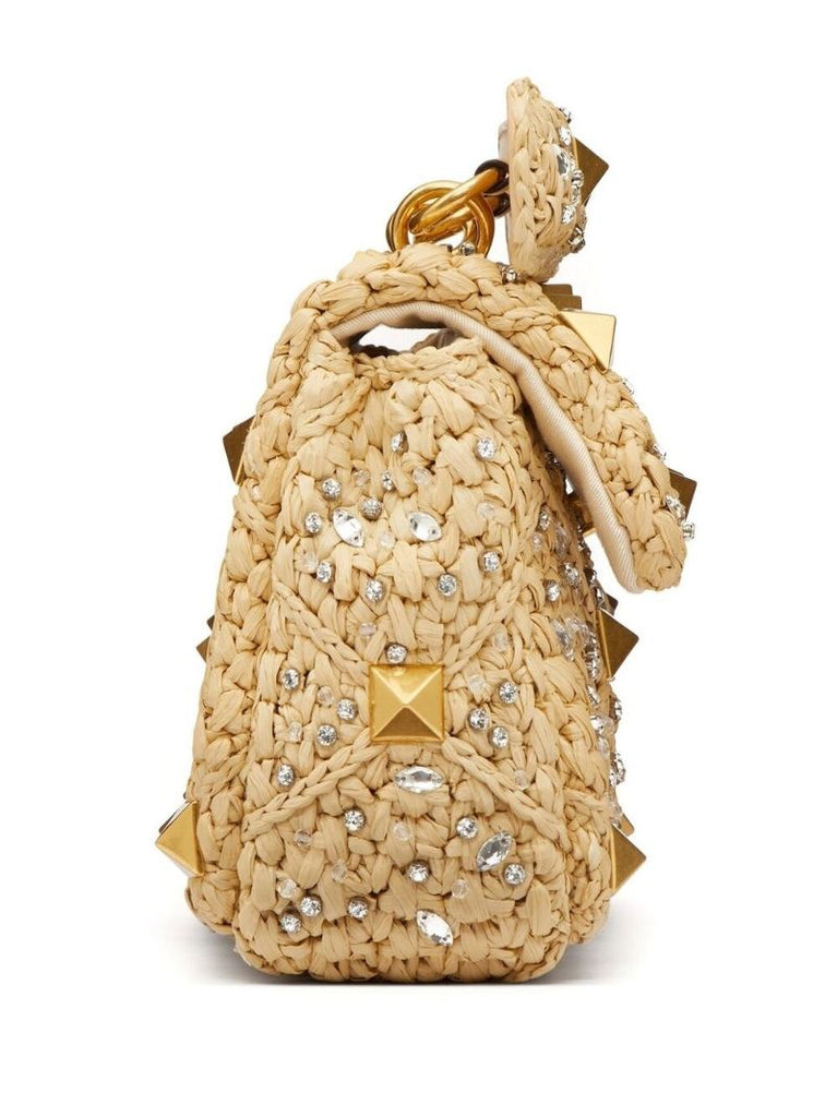 Beige Roman Stud Raffia Shoulder Bag
