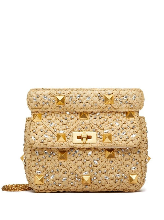 Beige Roman Stud Raffia Shoulder Bag