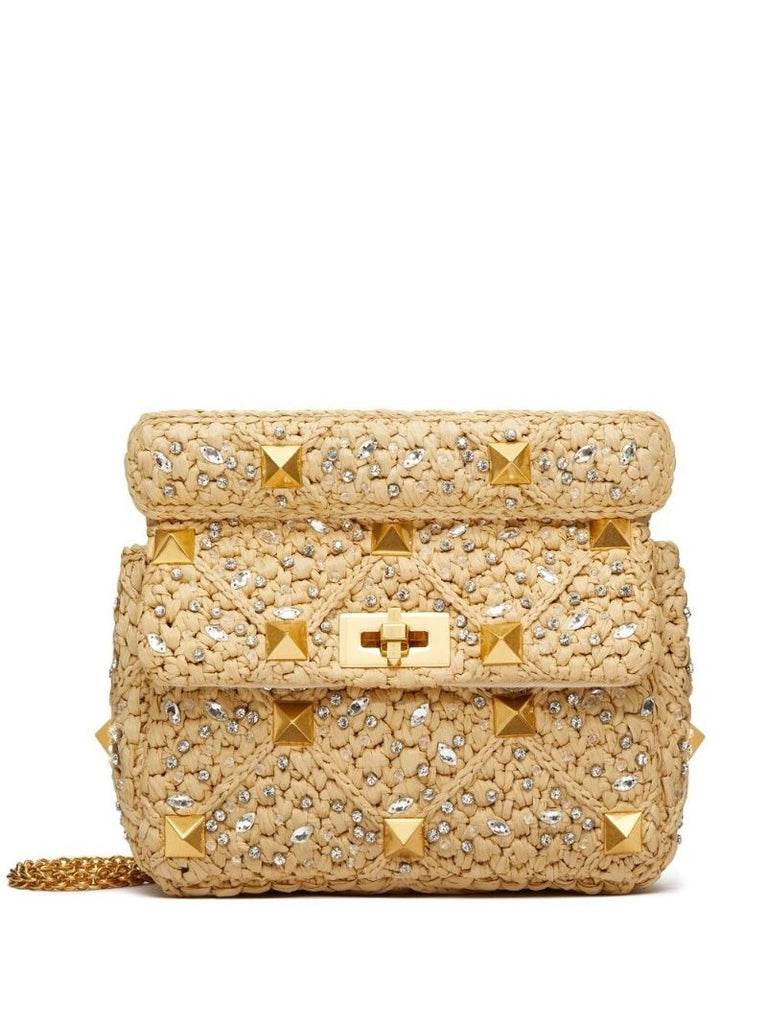 Beige Roman Stud Raffia Shoulder Bag