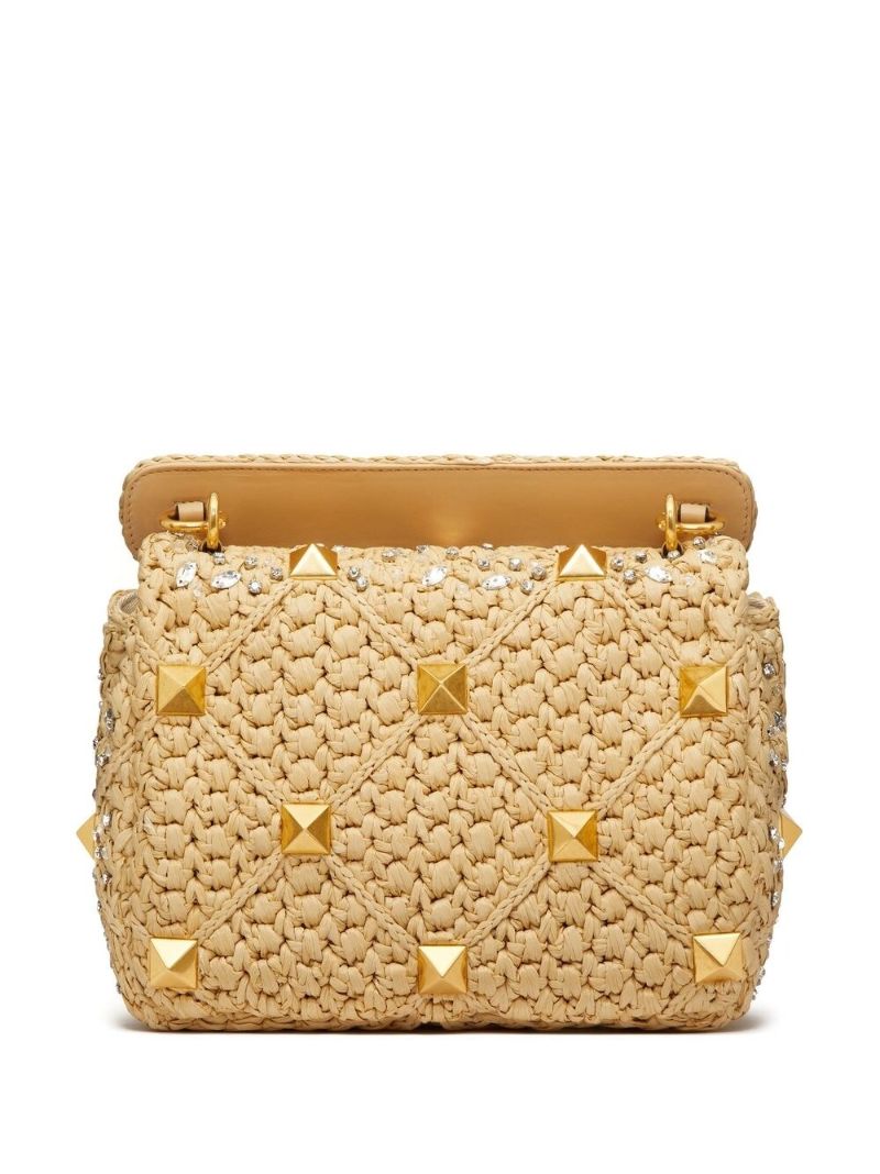 Beige Roman Stud Raffia Shoulder Bag