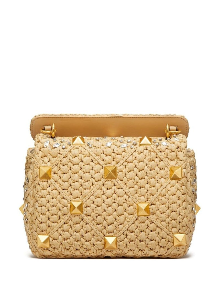 Beige Roman Stud Raffia Shoulder Bag