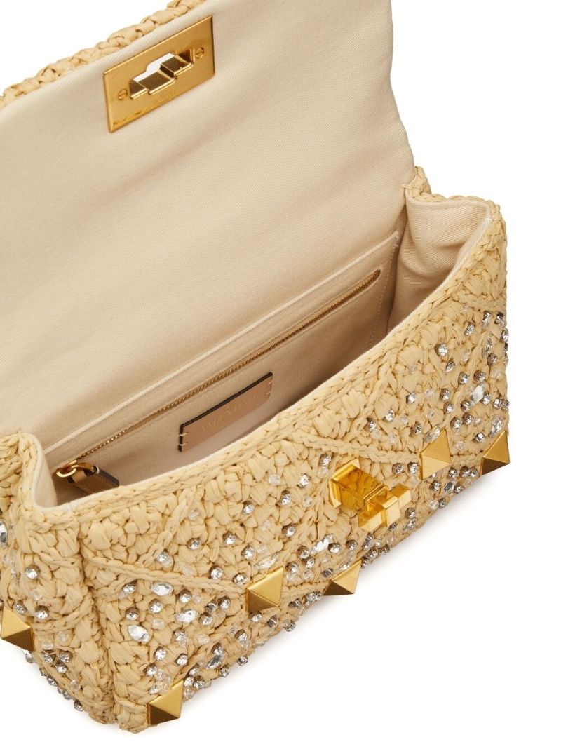 Beige Roman Stud Raffia Shoulder Bag