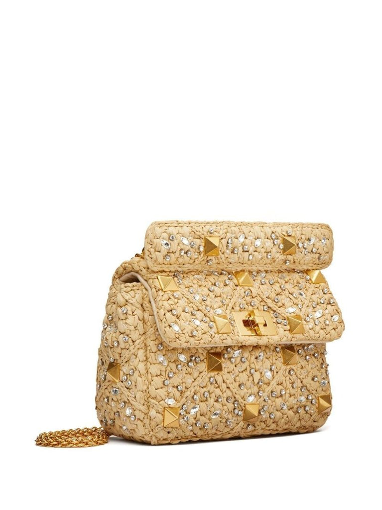 Beige Roman Stud Raffia Shoulder Bag