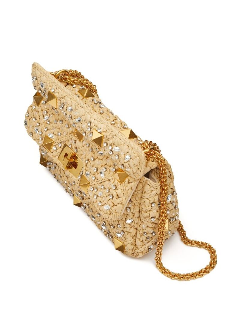 Beige Roman Stud Raffia Shoulder Bag