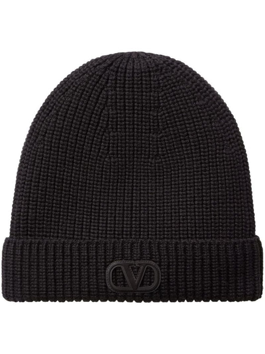 Black Vlogo Ribbed Wool Beanie Hat