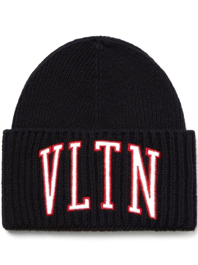 Black Vltn Ribbed Knit Beanie